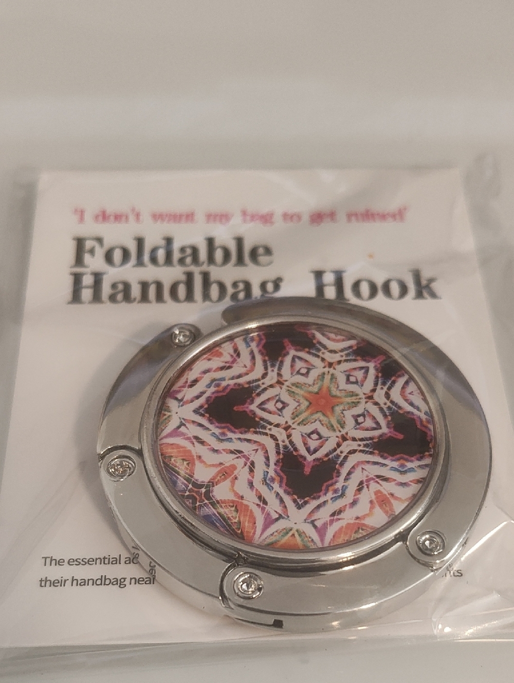 Foldable Handbag Hook with Multicolor Kaleidoscope Design